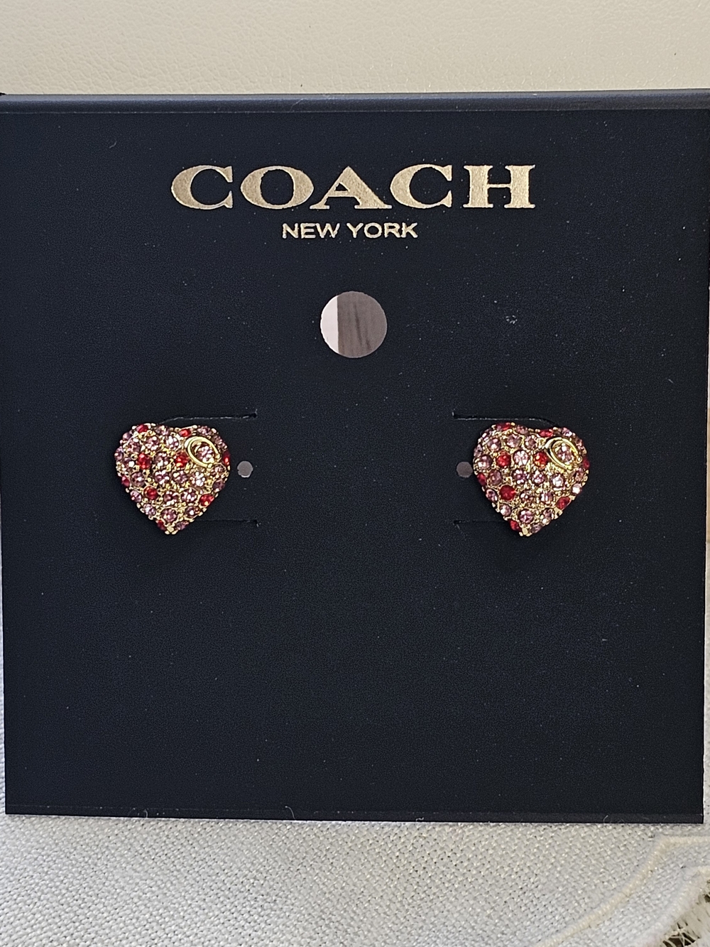Coach Gold-Tone Heart Crystal Stud Pierced Earrings with Red and Pink Stones